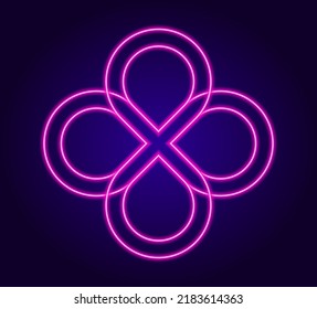 El rosa neón es un simple elemento de cuatro pétalos. Una simple vista de flores estilizadas brilla en el rosa oscuro sobre el azul oscuro. Fondo para una plantilla de diseño