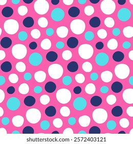 Neon pink spotted background. Polka dot pattern of handwritten circles. Vibrant print with neon blue and white dots on acid pink back. Speckled texture for modern wallpaper, covers, fabrics design.