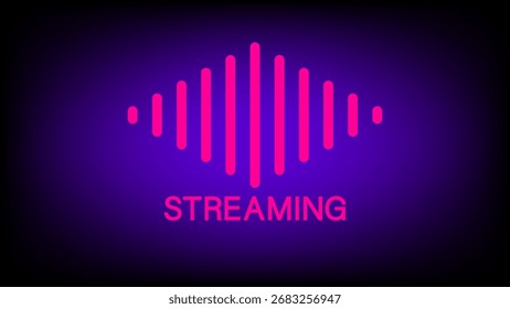 Texto de transmisión de color rosa neón con barras de ondas de sonido digitales sobre un fondo púrpura oscuro, que simboliza los medios en línea, el audio y la transmisión en vivo
