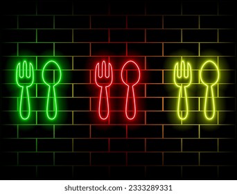 Neon-rosa Tischlöffel, Gabel- und Khiffformen auf schwarzem Hintergrund. Kuppelbesteck. Vektorgrafik. Grün, Rot, Gelb, Rosa, Blau und Orange.