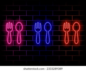 Neon pink table spoon, fork and khife shapes on a black background. Cutlery set. Vector illustration. Green, red, yellow, pink, blue and orange