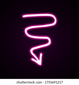Neon pink wavy arrow vector icon. Hand-drawn vector illustration of a pointer on black background