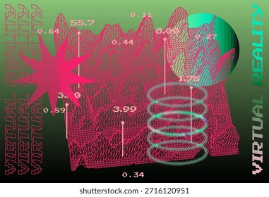 Neonrosa Drahtmodell-Grafiken mit numerischen Datenspitzen, konzentrischen Ringen, einer glühenden Kugel und einem Sternzeichen auf einem teal-grünen Farbverlauf-Hintergrund. Konzeptgrafik für virtuelle Realität, Datenvisualisierung, immersive Technologie und digitale Simulationsthemen.