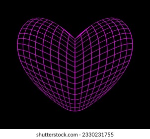Neon pink wireframe heart shape on black background. Futuristic cyberpunk grid figure. Y2K retro style. Vector design elements. Love or cardiology concept