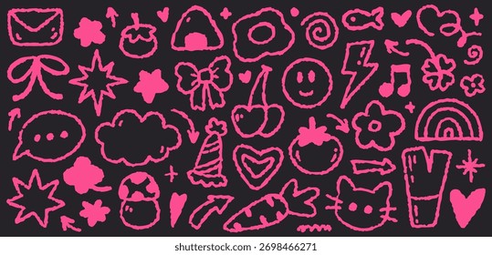 y2k, boceto, pop, retro, nostalgia, cinta, Elementos, adolescente, rosa, negro, vintage, chica, neón, años 2000, pegatina, adolescente, música, amor, juventud, club, cinta, cerezas, corazón, simbolo, forma, emoji, brillo,