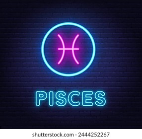 Neon Pisces Sign on brick wall background.