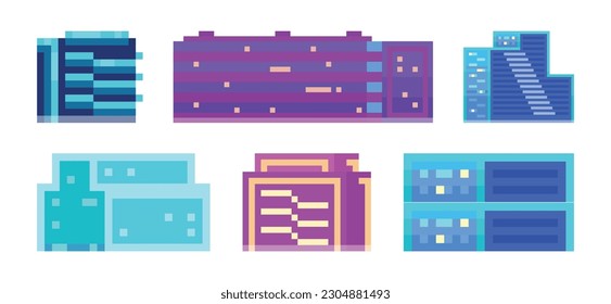 Neon pixel buildings set. Pixelated city landscape neon futuristic skyscrapers for game. 2d pixel video game development, mobile app. Modern constructions, city architecture exterior elements