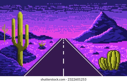 Neon pixel desert with straight highway background. Hot synthwave 8bit valley with asphalt road stretching into horizon with purple sand and hills with vector thorny plants.