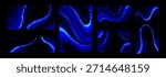 Neon pixel gradient backgrounds with glowing bitmap curves and flowing patterns in electric blue shades. Digital game assets or retro style interface textures for arcade and cyberpunk projects.