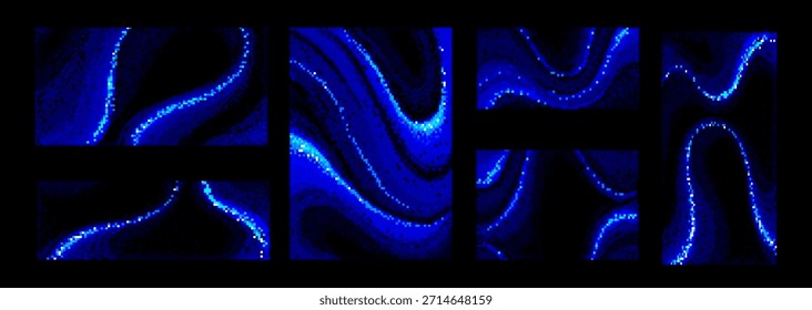 Planos de fundo de gradiente de pixel de néon com curvas bitmap brilhantes e padrões fluentes em tons de azul elétrico. Ativos de jogos digitais ou texturas de interface de estilo retro para projetos de arcade e cyberpunk.