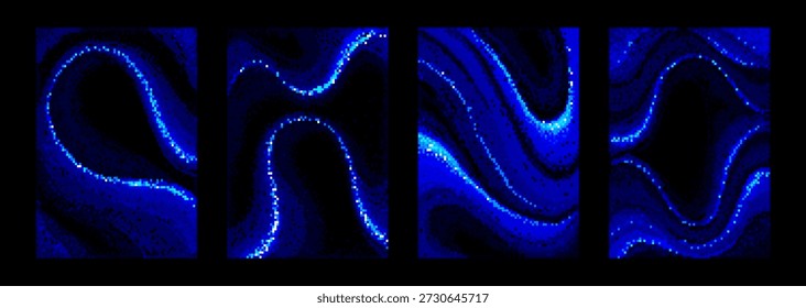 Planos de fundo de gradiente de pixel de néon com curvas bitmap brilhantes e padrões fluentes em tons de azul elétrico. Ativos de jogos digitais ou texturas de interface de estilo retro para projetos de arcade e cyberpunk.