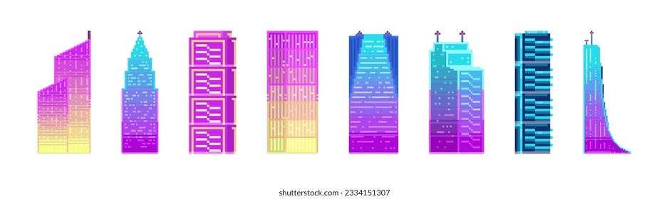 Neon pixel hight buildings set. Pixelated city landscape neon futuristic skyscrapers for game. 2d pixel video game development, mobile app. Modern constructions, city architecture exterior elements