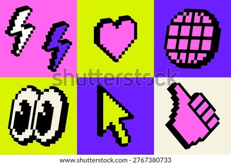Neon pixel icon set on colorful grid background. Retro 8-bit style symbols. Heart, cursor, hand, lightning, emoji eyes. Trendy Y2K gaming UI elements for social media, apps, stickers, digital design