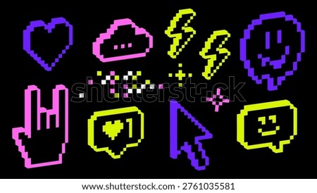 Neon pixel icon set in retro 8-bit Y2K style. Bright cyber UI elements. Heart notification, cursor, lightning, sparkle symbols. Glowing gaming icons for social media, streaming, apps, digital design