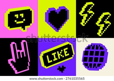 Neon pixel pattern in retro 8-bit Y2K style. Bright glowing icons. Heart, like, cursor, lightning, chat elements in seamless grid. Trendy cyber background for gaming, social media, digital design