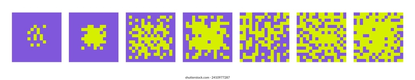 Neon Pixels trend, Square composition, QR - pattern, abstract, Minimal graphic design, cell 8 bit, rave, Sequence of QR codes on a green background. Green screen. 