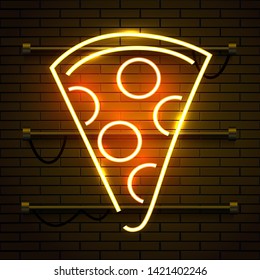 Neon pizza sign on dark brick wall background. Glowing fastfood advertising. Night club invitation. Vector illustration.