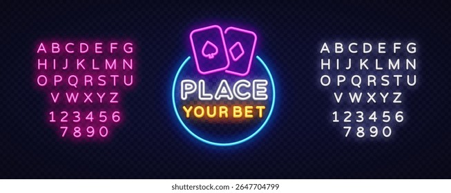 Neon coloque seu layout de aposta com duas cartas de jogo brilhantes, borda circular e alfabetos brilhantes completos em ambos os lados. Ideal para jogos de conteúdo com temas.
