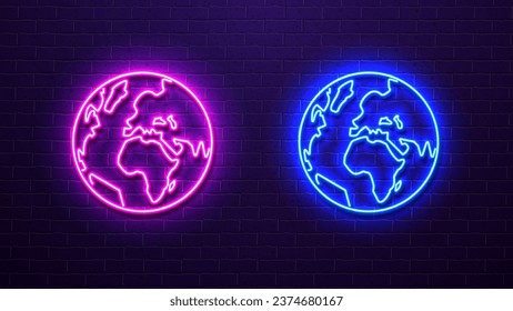 Neon planet earth in blue and pink on the background of a brick purple wall. Globe icons.