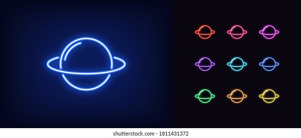 Neon planet icon. Glowing neon planet sign with ring, Saturn in vivid colors. Digital cosmos, cosmic world, astronomy, space exploration. Icon set, sign, symbol for UI. Vector illustration