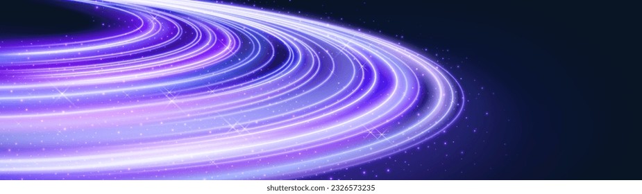 Neon planet ring with light glow energy effect. Magic cosmos round line flare with purple speed trail path shine element. Luminous motion circular disk shape abstract vector technology wallpaper.