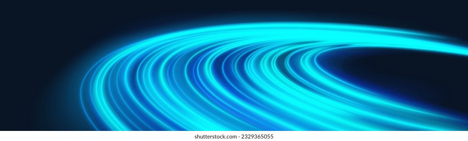 Neon planet ring with light glow energy effect. Magic cosmos round line flare with blue speed trail path shine element. Luminous motion circular disk shape abstract vector technology wallpaper.