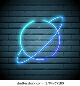 Neon planet Saturn icon in thin line style isolated on dark brick wall.