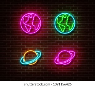 Neon planet sign vector isolated on brick wall. Earth and saturn light symbol, decoration effect. Neon planet illustration.