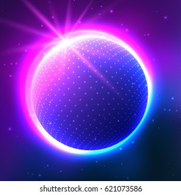 Neon Planet in space. Abstract background.  Use for posters, covers, flyers, postcards, banner designs. Retro Style  90s, 80s