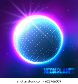 Neon Planet in space. Abstract background.  Use for posters, covers, flyers, postcards, banner designs. Retro Style  90s, 80s