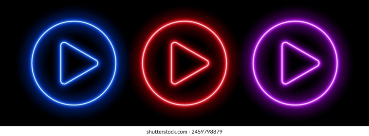 Neon play button. Glow game music icon. Laser triangle in a circle. For banner design in TV, parties and cinema.