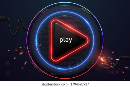 Neon play glossy button with spark effect