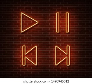 Neon Player Button Signs Vector Isolated On Brick Wall. Play, Pause, Next, Previous Track Light Symbol, Decoration Effect. Neon Player Insterface Illustration.