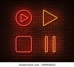 Neon player button signs vector isolated on brick wall. Play, stop, pause button light symbol, decoration effect. Neon music player button illustration.