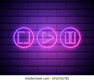 Neon Player Button Signs Vector Isolated On Brick Wall. Play, Stop, Pause Button Light Symbol, Decoration Effect. Neon Music Player Button Illustration Isolated On Brick Wall Background.