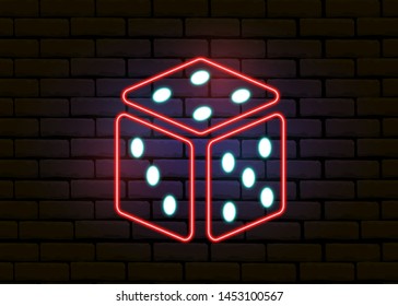 Neon playing dice. Board games symbol