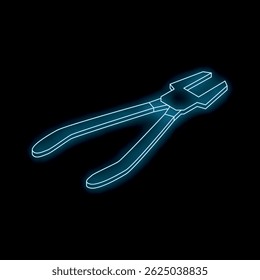 Neon pliers glowing on a black background, representing construction, repair, and diy projects