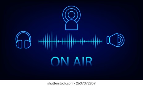 Neon podcast concept with headphones, microphone icon, sound wave, and speaker, glowing blue on dark background. Text ON AIR shows live broadcast theme