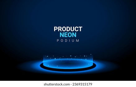 Neon podium background blue light 3d platform. Product neon podium technology scene glow effect