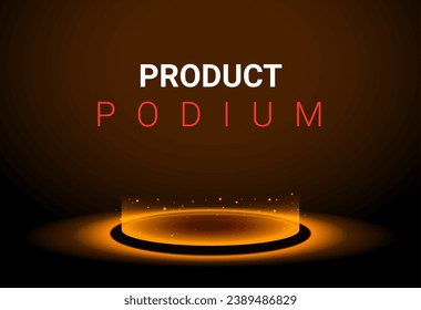 Neon podium background orange light 3d platform. Product neon podium technology scene glow effect