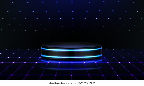 Neon podium. Empty stage in nightclub, dance floor with pedestal and glowing lightings. Scene for dancing, fashion show performance with illuminated searchlights. Realistic 3d vector illustration