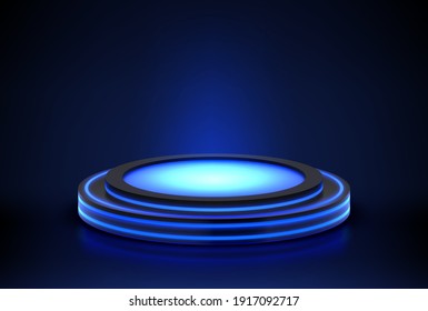 Neon podium. Empty stage for product presentation or fashion show performance, pedestal in nightclub dance floor glowing in darkness illuminated blue round scene, Realistic 3d vector illustration