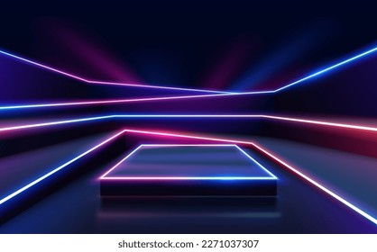 Neon podium with geometric shapes and glow effect