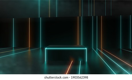 Neon podium or pedestal for product display showcase presentation template. Abstract futuristic glowing neon room design realistic vector