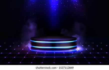 Neon podium with smoke and sparkles. Empty stage in nightclub, dance floor with pedestal, steam and glowing lightings. Scene for dancing, fashion show performance. Realistic 3d vector illustration