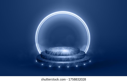 Neon podium vector illustration isolated on a blue background - Neon circle figure in the center in smoke - Empty space for your product