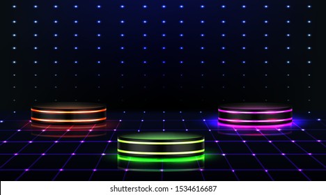 Neon podiums. Empty stages in nightclub, dance floor with three pedestals of red, pink green glowing lighting. Illuminated scenes for dancing, fashion show performance Realistic 3d vector illustration