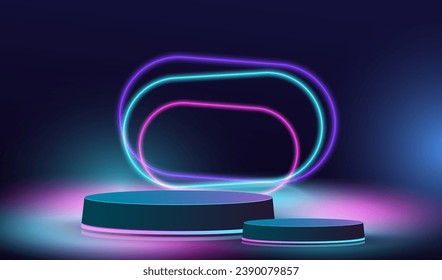 Neon podiums with glowing lamps and light lines futuristic design. Display room with illumination scene for showing technology products. Empty show studio room with stage vector background.	
