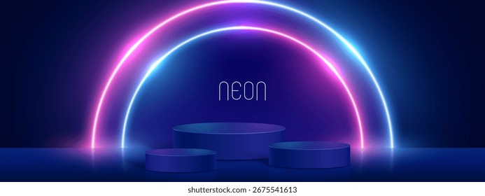 Neon podiums with soft material base. Light podium stages and product showcase platform with covers and golden in round and square shape. 