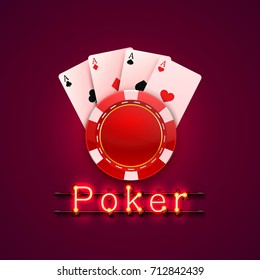 Neon poker chips and cards casino banner. Isolated on red background. Vector illustration